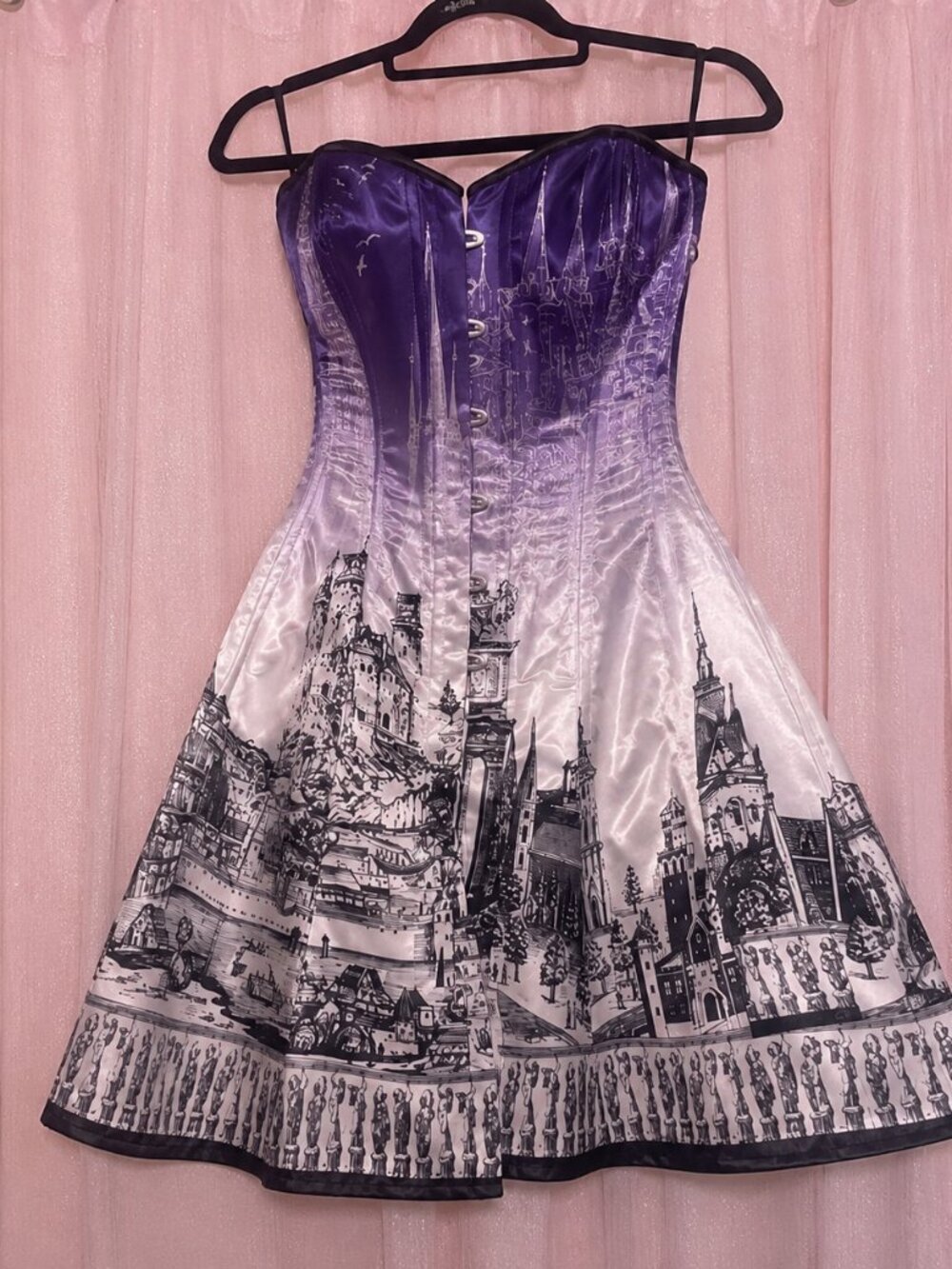 Steel Boned Satin Corset Dress Purple Gothic Cityscape Print NWT